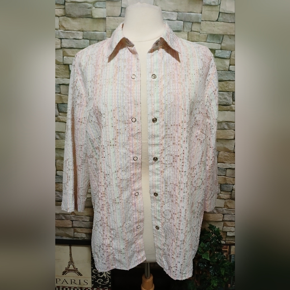 Alfred Dunner Pastel Rainbow Snap Buttom Blouse XL Cottagecore